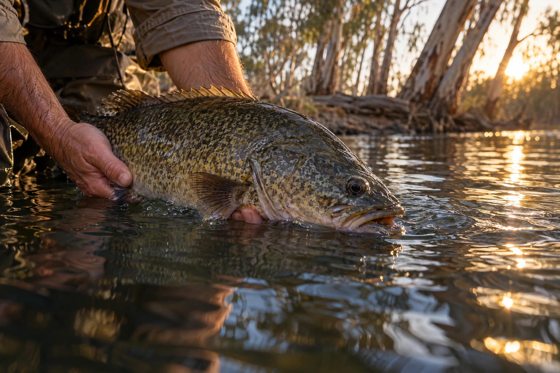 A careful release beside a red-gum bank keeps the best part of the morning in the river.